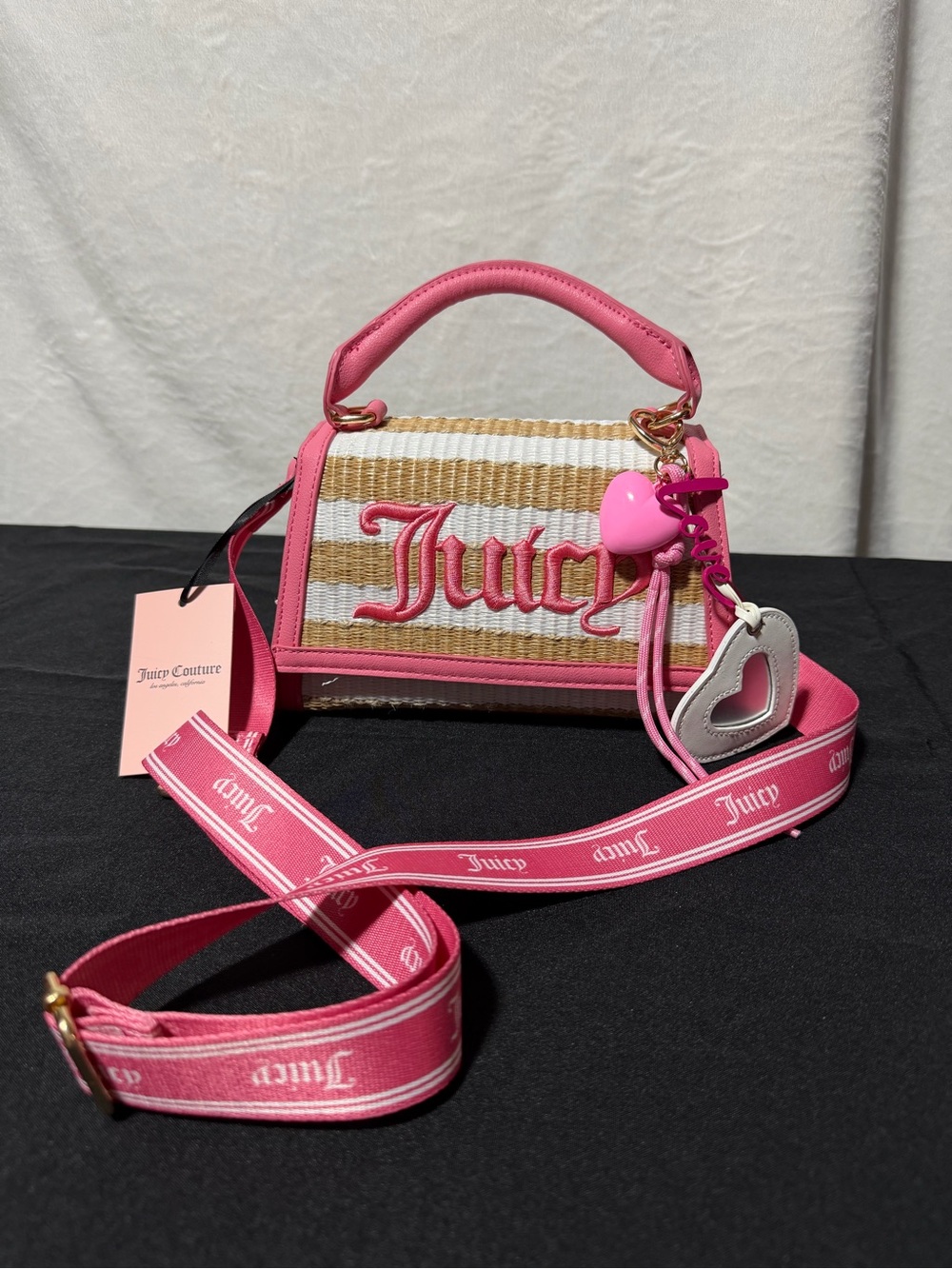Juicy Couture Pink & Natural Straw Mini Satchel with Logo Strap